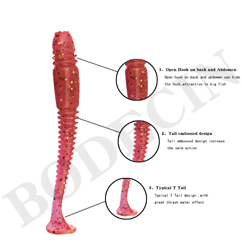 16pcs Fishing Takcle Lure Worms Artificial Soft Baits with salt smell T Tail  lures 50mm 1g Grubs Maggot Plastic Jig Head Texas (3)