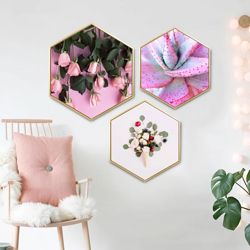 

Decorative paintings hexagon Modern and simple Bedroom pink mural Secret Garden Ins paintings Home green plants decoration