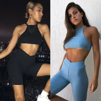 

UK Sexy Solid Color Women Pants Sets Summer 2 Piece Set Pure Color Bodycon Sleeveless Crop Tops Short Pants