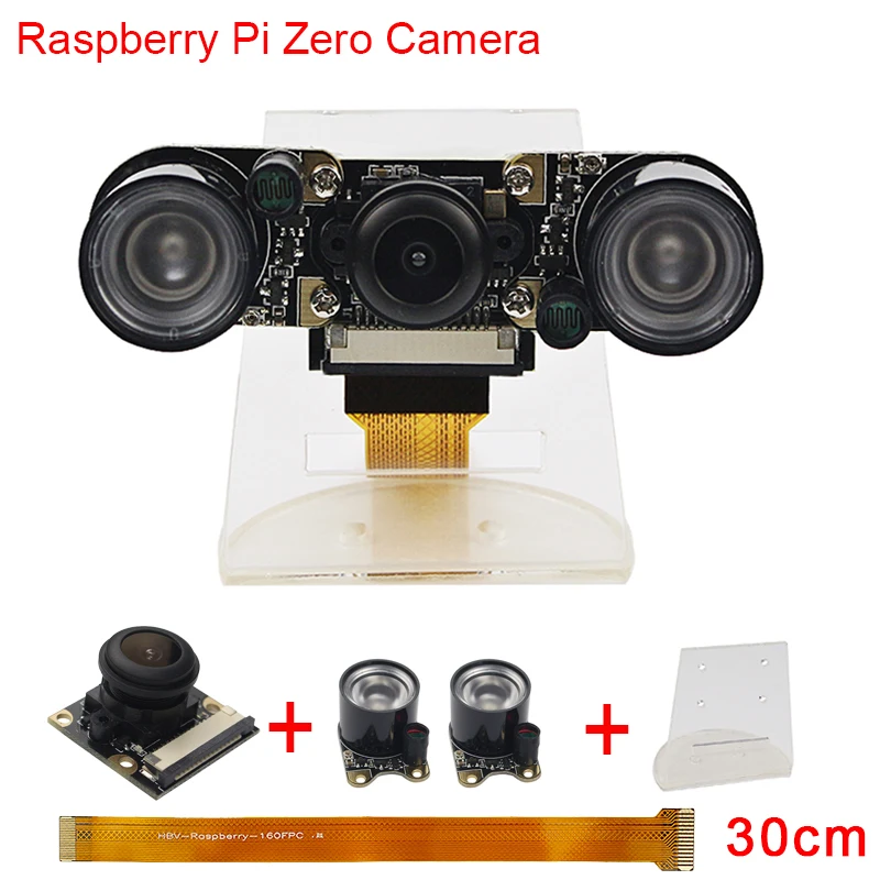 

New Raspberry Pi Zero Camera Fish Eye Wide Angle Night Vision Camera+2 pcs IR Sensor LED Light+30 cm FFC + Acrylic Holder RPI0