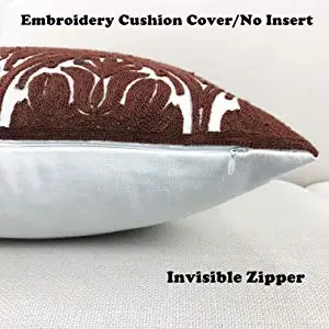 Cotton Embroidery Decorative Throw Pillow Cover Brown Invisible Zipper Cushion Cover 18x18 Inches