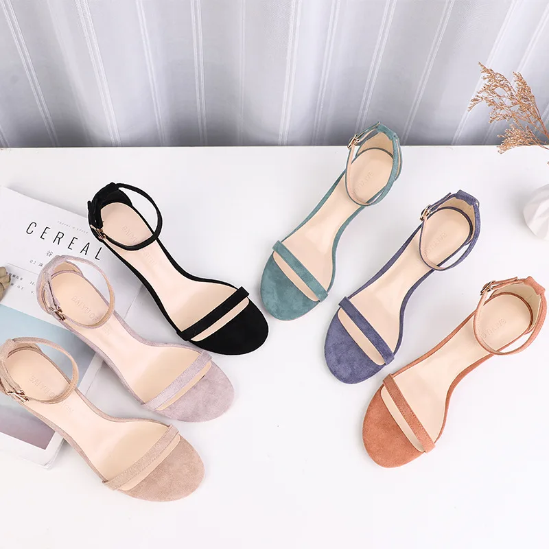 

2019 New Summer Sandals Women Solid High Heels Shoes Woman Flock Ankle Strap Thin Heels Elegant Casual Party Wedding Shoes Pumps