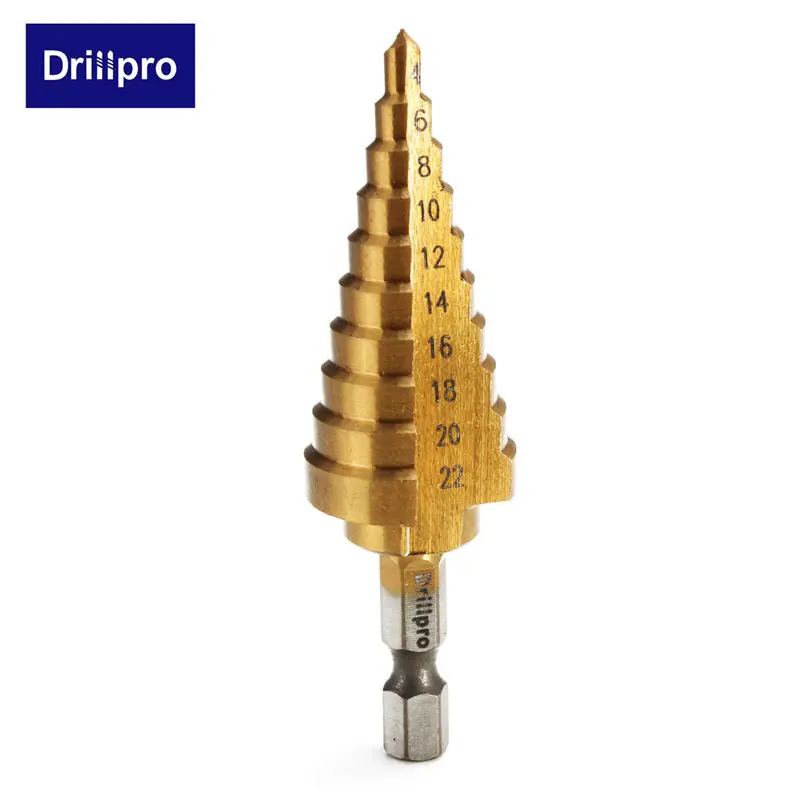 Drillpro 1 шт. шестигранное титановое ступенчатое конусное сверло для сверления отверстий 4-22 мм HSS 4241 для сверления листового металла Деревообрабатывающие инструменты