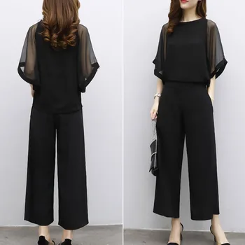 

Summer Casual Women's Sets Loose Half Sleeve O-Neck T-Shirt Mesh Top + Elastic Waist Wide Leg Pants Summer Two Piece Sets