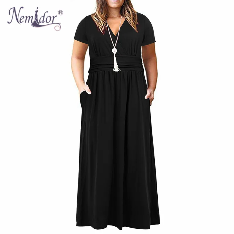 Nemidor Women's Short Sleeve V-Neck Wrap Waist Plus Size Casual Maxi Dress with Pocket (3)