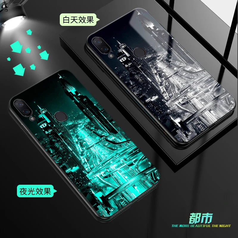 

For Xiaomi Redmi Note 7 Case Luxury Luminous Pattern Hard Tempered Glass Protective Back Cover Case for xiaomi redmi note7 shell