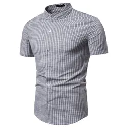 Мужская хлопковая Повседневная клетчатая рубашка с воротником-стойкой, мужская рубашка с коротким рукавом, приталенная рубашка 2019, летняя