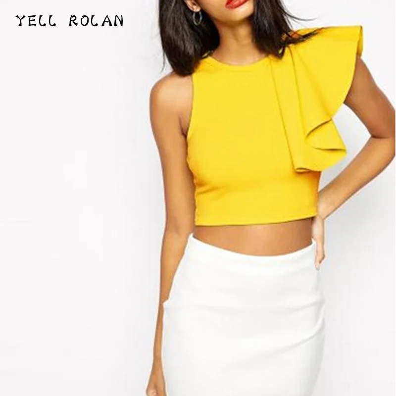 GRITAR ROLAN Mulheres Evening Partido Sexy Preto Sem Mangas Blusa Blusas 2018 Moda Babados Camisa Curta Primavera Zipper Voltar Tops XL