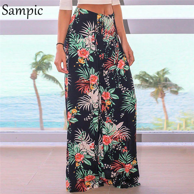 Sampic широкие брюки с высокой талией женские свободные пляжные Boho женские брюки повседневные брюки с цветочным принтом розовые пояса летние длинные брюки