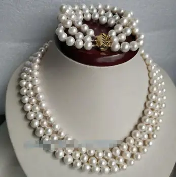 

3ROW NATURAL 8-9 MM GENUINE WHITE PEARL Necklace BRACELET SET