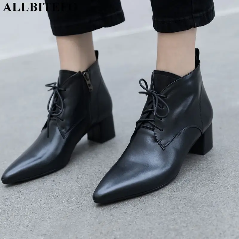 

ALLBITEFO fashion retro genuine leather pointed toe high heels women boots ankle boots for women martin boots girls shoes