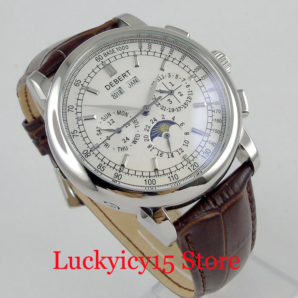 

Round Self Winding Men's Watch White Dial Brown Strap Date Week Indicator Polished Case 42mm Automatic Watch Auto Movement