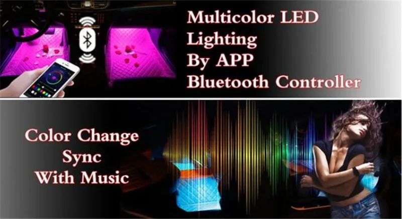 12 В RGB светодиодный Bluetooth телефон управление Автомобильная полоса для отделки интерьера светильник гибкий Авто Атмосфера лампы комплект ног Android iOS APP