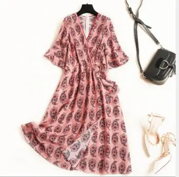 

European station printed silk dress summer 2019 fashion women's V-neck lotus leaf sleeve French small skirtT3533