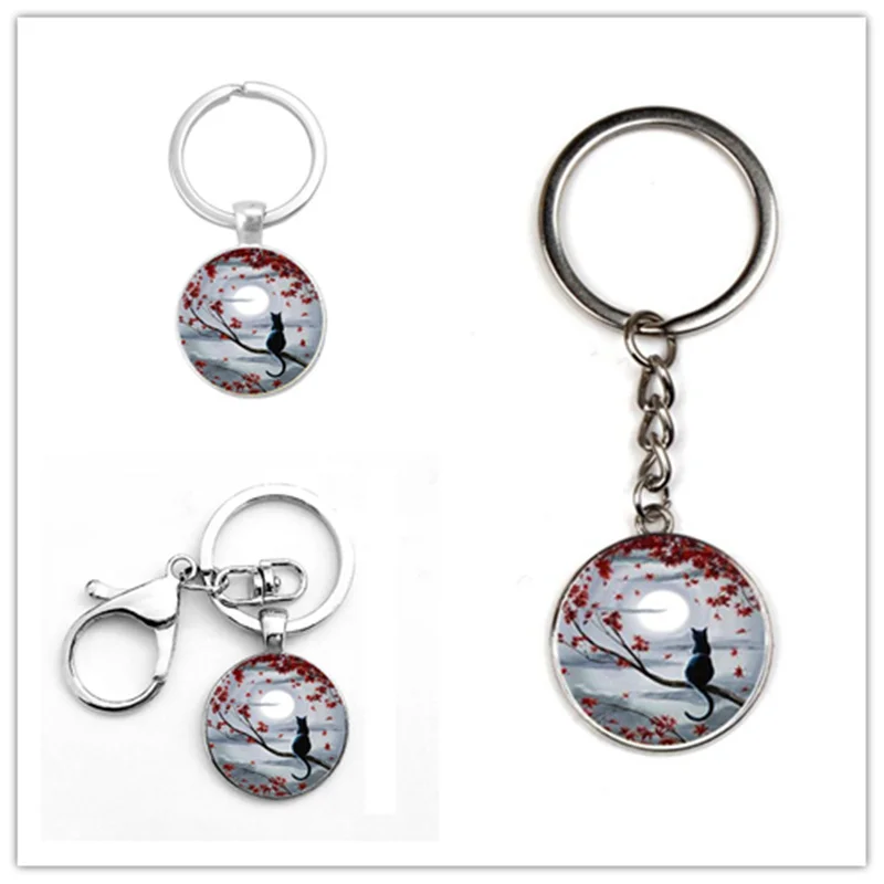

2019/Fashion Blue Moon & Cat Eye Glass Round Pendant Keychain, Men's and Women's Keychains