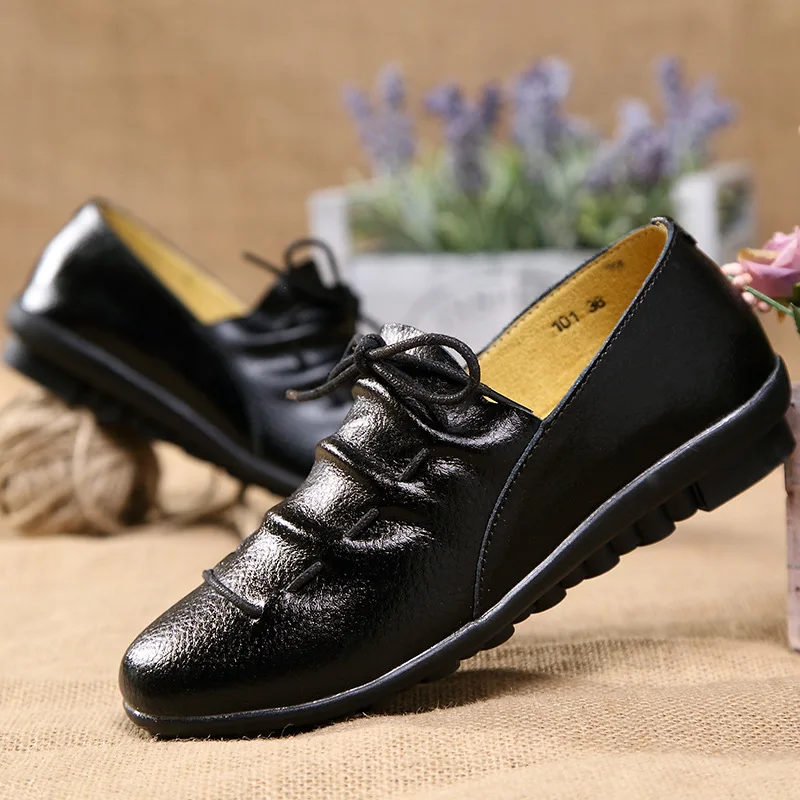 

New 2018 Fashion Women Casual Shoes Flats Genuine Leather Loafers Cow Split Leather Moccasins Casual Driving Lace Up Breathable