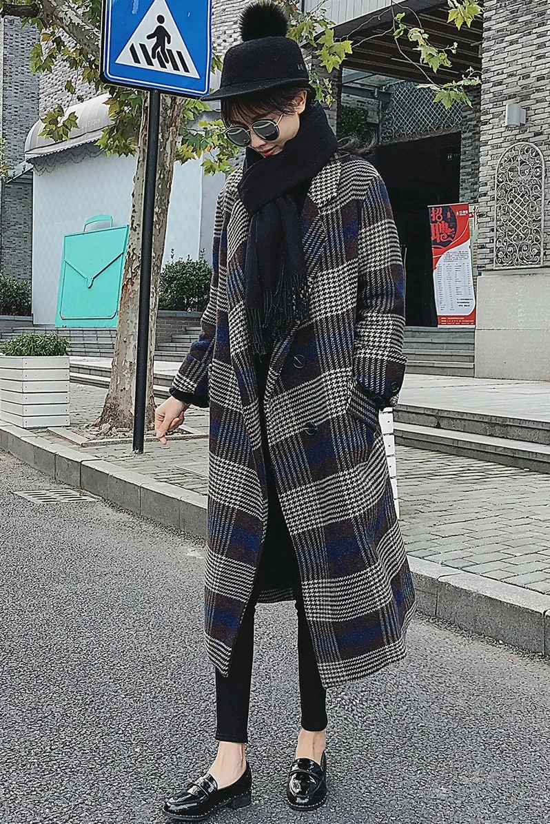 New Women's Wool Coat Autumn Winter 2018 Fashion Classic Plaid Patchwork Woolen Jacket Slim Thicken Long Outerwear Female Coats