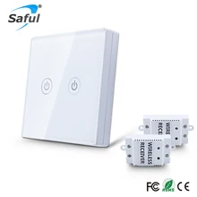 Saful 2 Gang 2 Way Switch Wireless Touch 110V-240V with Tempered Crystal Glass Panel Remote Control Power for Light Wall Switch 100v 240v ac 2 gang 2 way switch rfid wireless 30m remote control touch screen light switch panel 2 wireless receivers
