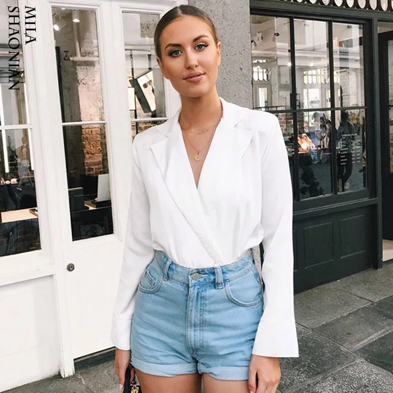 Rompers Womens Jumpsuit White Loose Sexy Jumpsuit Deep V neck Long Sleeve Bodysuit Female Fashion Nova Woman Streetwear 2019