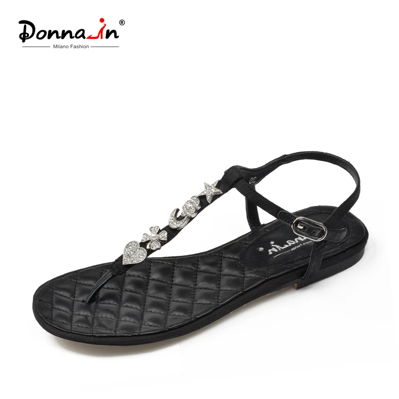 

Donna-in Summer Women Flat Sandals with Rhinestones Genuine Leather Thong Sandals Soft Comfortable Ladies Flat Sandals 2019