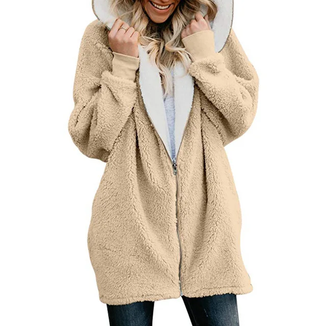 Plus Size Long Maternity Hooded Winter Plush Custom Warm Hoodie Maternity Wear Hoodie Zipper for Girl Pregnant Woman Clothing - Цвет: Beige