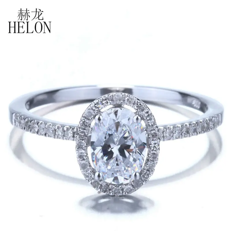 

HELON 7x5mm Oval Cubic Zirconia Solid 14K White Gold Engagement Wedding Pave Natural Diamonds Ring For Women's Jewelry Fine Ring