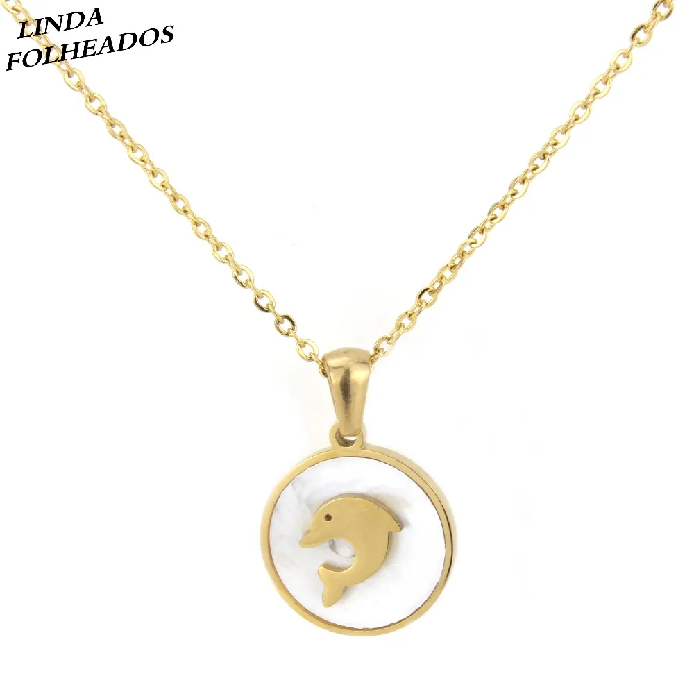 Wholesale Handmade Spiritual Round Shape Dolphin Pattern Link Chain Gold Stainless Steel Shell Pendant Necklace Jewelry | Украшения и
