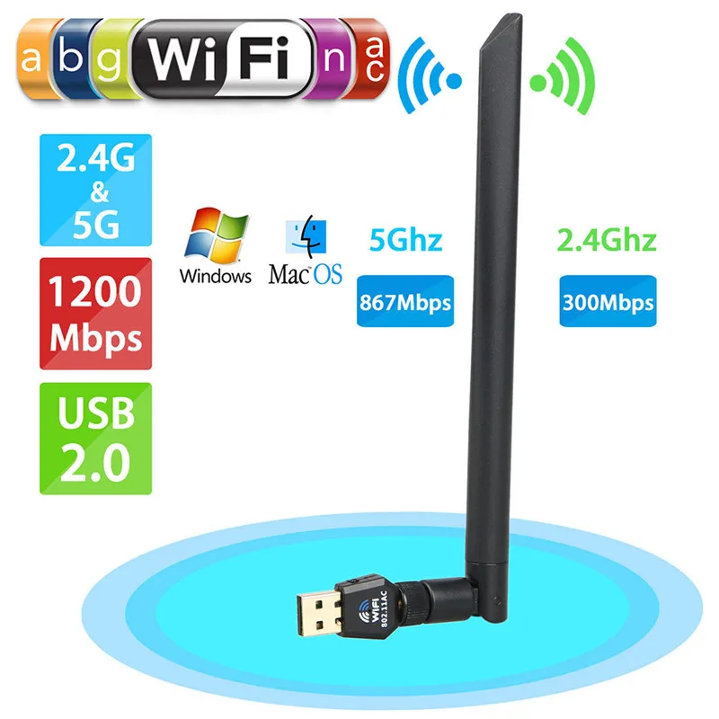 Двухдиапазонный 1200 г/5 г 2,4 Мбит/с беспроводной USB WiFi адаптер с антенной 802.11AC для компьютера EM88