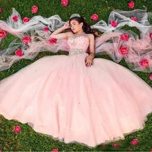 Сладкий 16 розовые платья Quinceanera Милая Кристальный Тюль Плиссированное длинное бальное платье для выпускного вечера корсет со шнуровкой вечерние платья