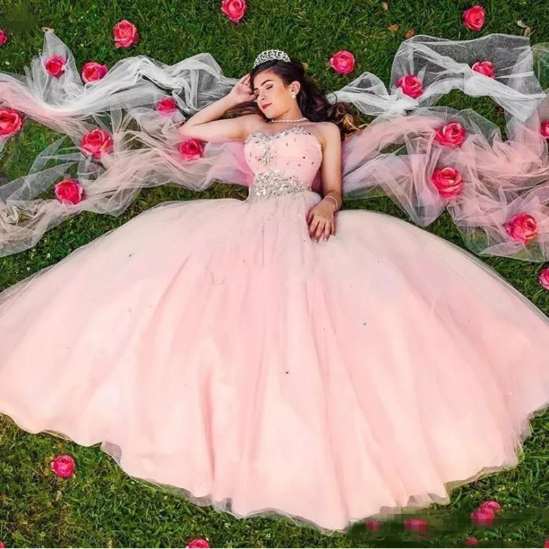 Сладкий 16 розовые платья Quinceanera 2019 Милая Кристальный Тюль Плиссированное длинное бальное платье для выпускного вечера корсет со шнуровкой