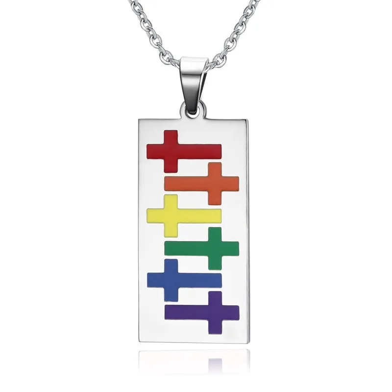 

Titanium Steel Gay Pride Rainbow Cross Dog Tag Pendant Necklaces Lesbian LGBT 19.6" Chain Necklace For Men Women Collares