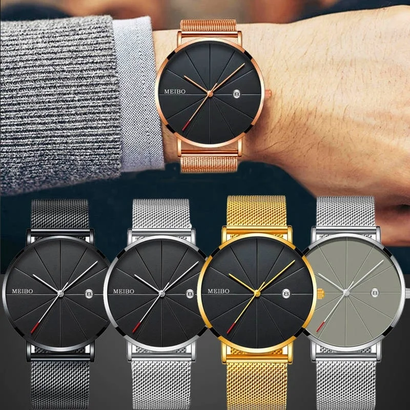 

Mens Watches Business Sports Leisure Quartz WristWatch Stainless Steel Mesh Strap Ultra Thin Dial Date Clock Relogio Masculino #