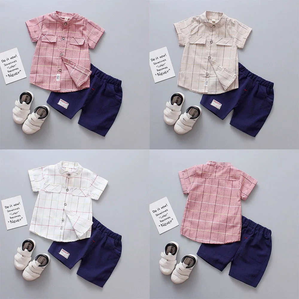 

Infant Kid Boys Short Sleeve Formal Gentleman Plaid Print Blouse Tops+solid Pants Formal Party 2pc Set Children boys Clothes