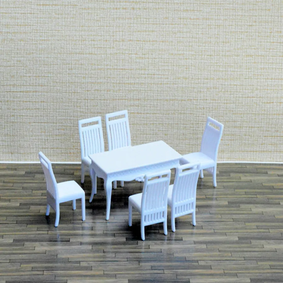 Kopen 1 sets partij ABS witte kleur 125 schaal model indoor kantoormeubilair stoel tafel voor trein layout bouwmaterialen