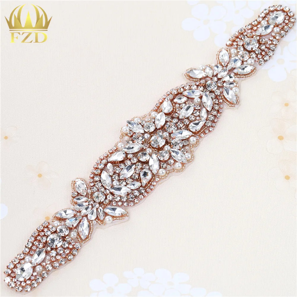 

(5 pieces) Wholesale Handmade Hot Fix Strais Sew On Diamante Bridal Rose Gold Beaded Appliques for Wedding Dresses Belts