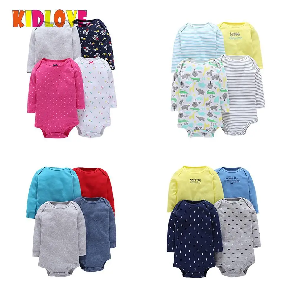 KIDLOVE 4Pcs/Set Unisex High Quality Baby Rompers Newborn Soft Cotton Jumpsuit Long Sleeve Clothes - Mixed Color | Детская одежда и