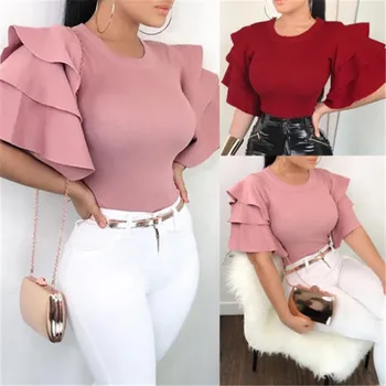 

new spring and summer 2018 women ruffles flare sleeved chiffon blouse Korean fashion solid slim female lady shirts casual tops