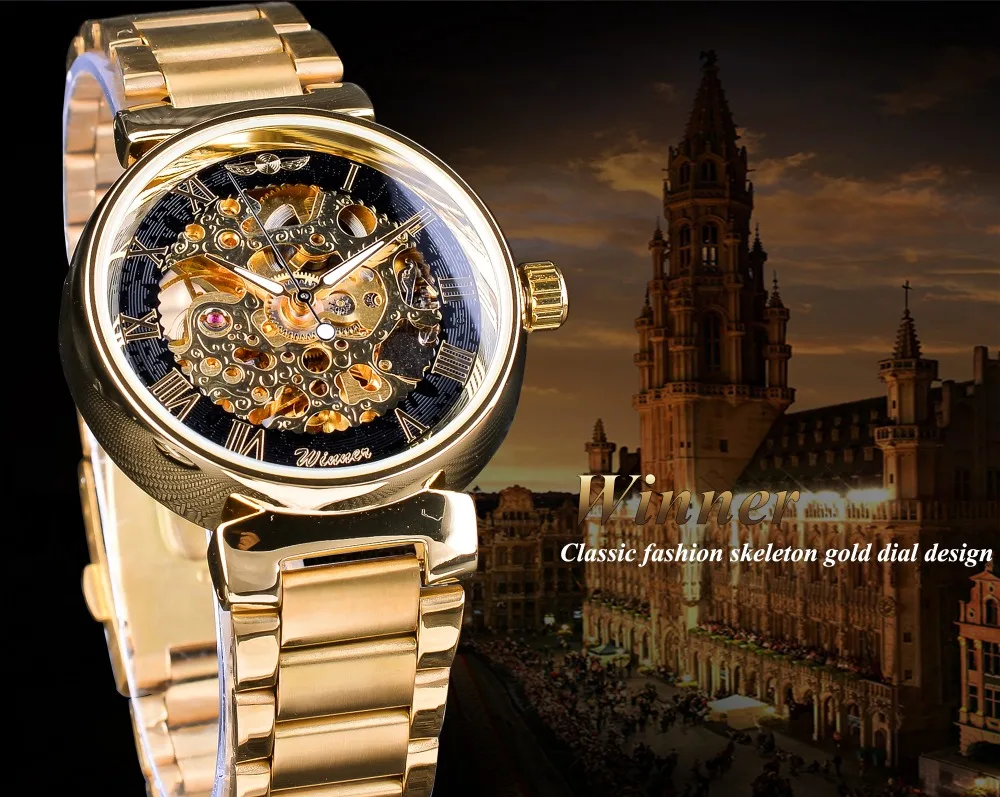 Победитель часы Ретро Римский Золотой Скелет механические часы для мужчин светящиеся стрелки Relogio победитель из нержавеющей стали прозрачные часы