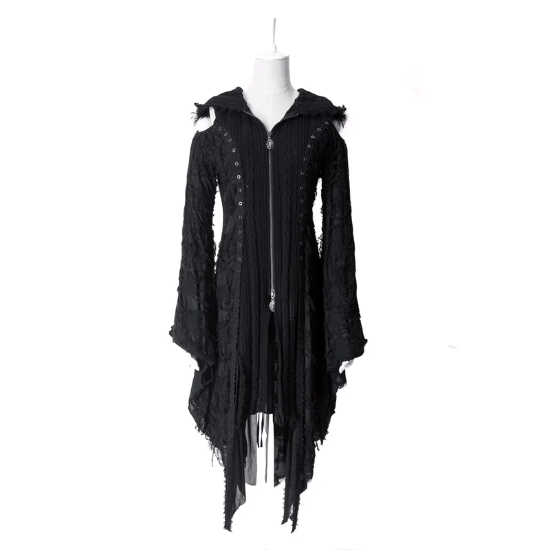 

Punk Rave Women Jackets and Coats Decaden Worsted Hooded Azcket Jacket with Hole Knittedt Personality Hip Hop Sweater for Women