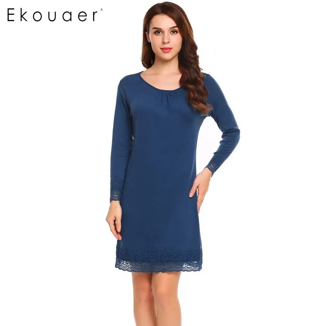 

Ekouaer Casual A-Line Dress Women Long Sleeve O-Neck Lace Patchwork Slim Fit Summer Autumn Bottom Mini Dress Female Clothing