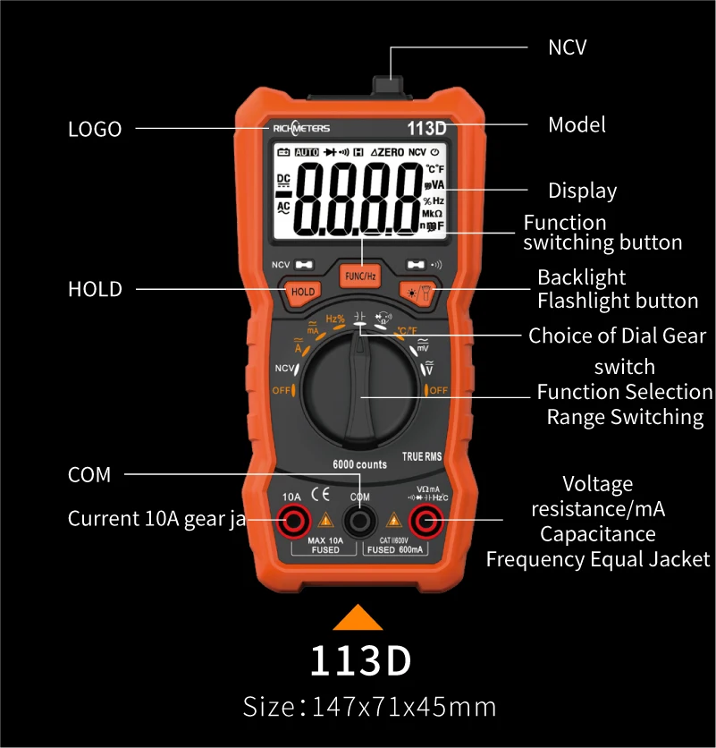 RICHMETERS RM113A бесконтактная проверка напряжения переменного Цифровой мультиметр 2000 отсчетов HFE AC/DC измеритель напряжения вспышки светильник задняя светильник большой Экран