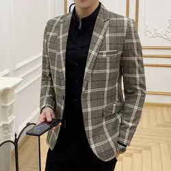 2019 Весенняя модная Клетчатая Мужская куртка маленького размера, корейское производство, короткий костюм с рукавами, черный блейзер Masculino