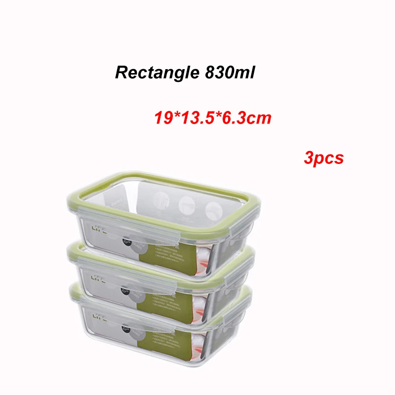 830ML 3PCS Стеклянный контейнер для завтрака, контейнер для хранения еды, без бисфенола, герметичные крышки - Цвет: 830ML 3PCS