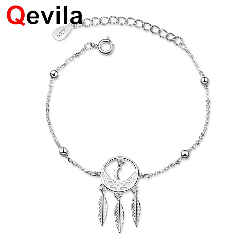 

Qevila New Fine Bracelets Vintage Simple Bracelet Women Gift Bohemian 925 Sterling Silver Moon Leaf Chain Bracelets for Women