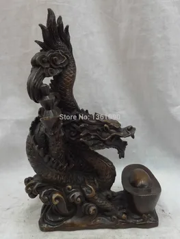 

xd 00739 10" China Bronze Wealth YuanBao Zodiac JiXiang Fly Dragon Head Ball Statue