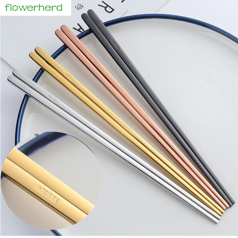 

1 Pair Chinese Japanese Chopsticks 304 Stainless Steel Titanium Plating Gold Rose Gold flat Chop Sticks Sushi Hashi chopstick