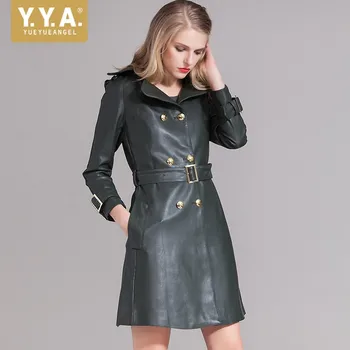 

Luxury Genuine Leather Sheepskin Coat Women Elegant Autumn Belt Double Breasted Medium Long Leather Jacket Femme Office Overcoat