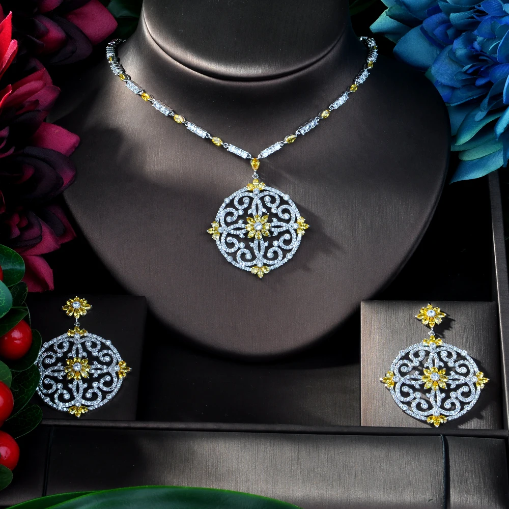 Hibride роскошь Для женщин Jewels элегантный Форма Свадебные CZ ожерелье серьги большой Наборы свадебных ювелирных изделий для невесты N-157