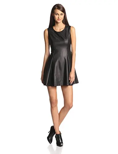 

Women's Sleeveless Faux-Leather Fit-and-Flare pleated Mini Dress