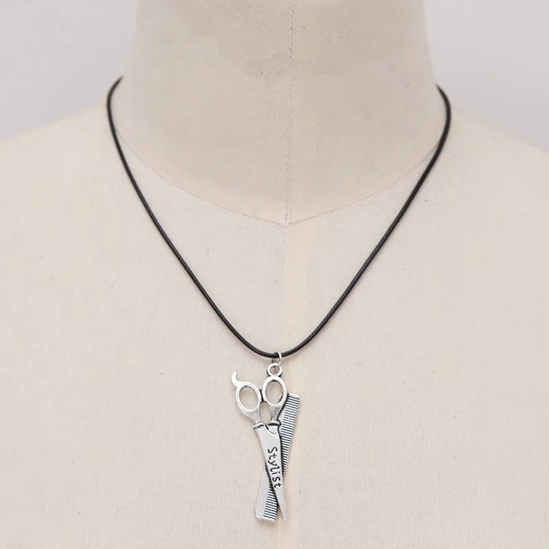 Drop Shipping Simple Black PU Leather Necklace Personality Comb Scissors Pendant Necklace